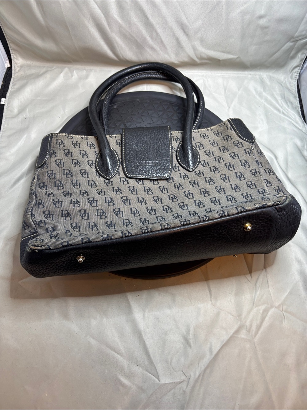 Designer Dooney Burke Monogram Satchel Handbag in Black and Gray